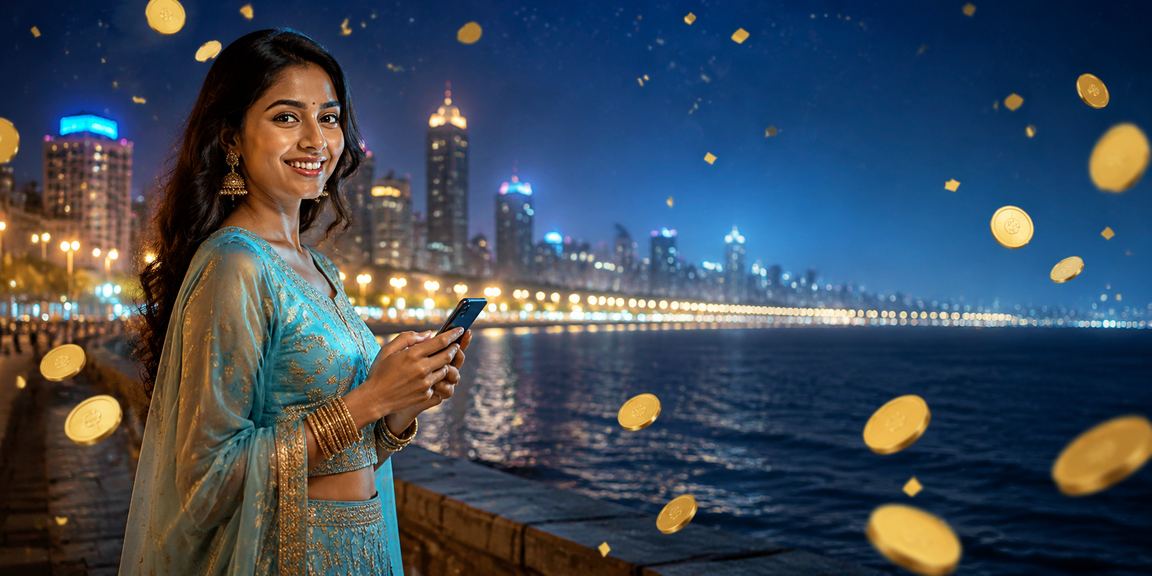 Mobile phone with lottery app interface, Mumbai beach background